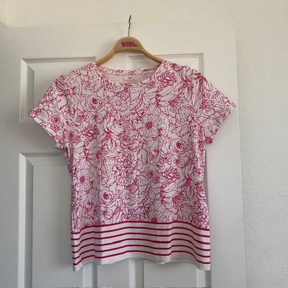 Talbots Petites Tee Shirt White w/Pink Floral Design Short Sleeve Women's XLP - Picture 1 of 7